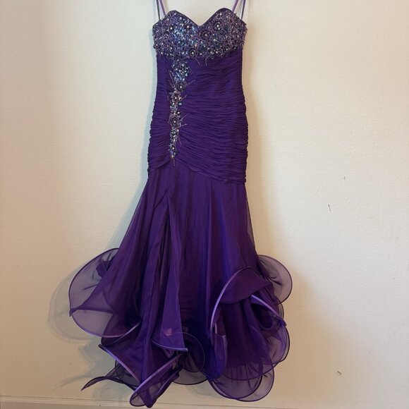JOVANI Dress Size 4 Strapless Sweetheart Purple Beaded Sparkle Ruffle Mermaid - Picture 1 of 11